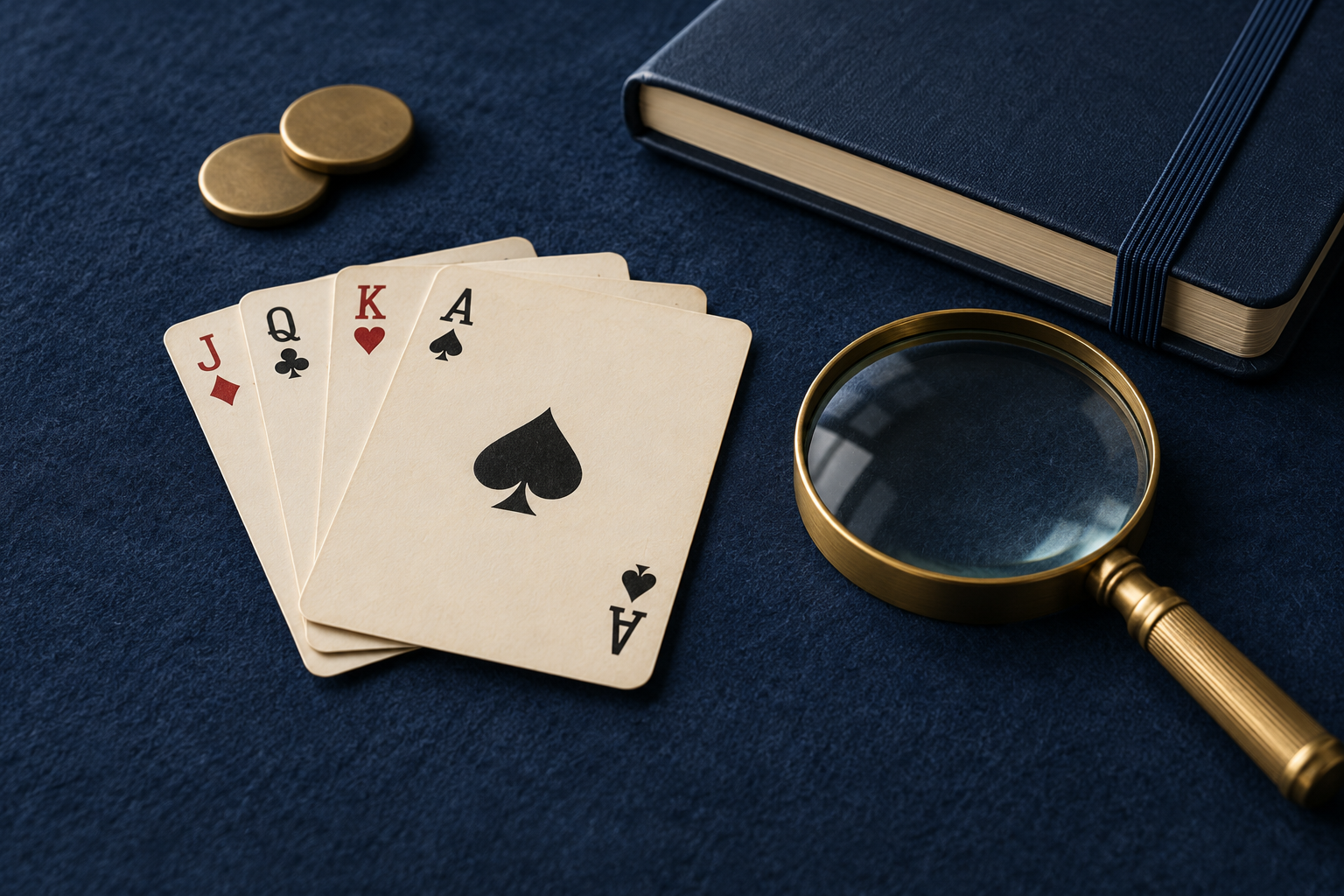 Editorial still life of playing cards, a notebook and a magnifying glass