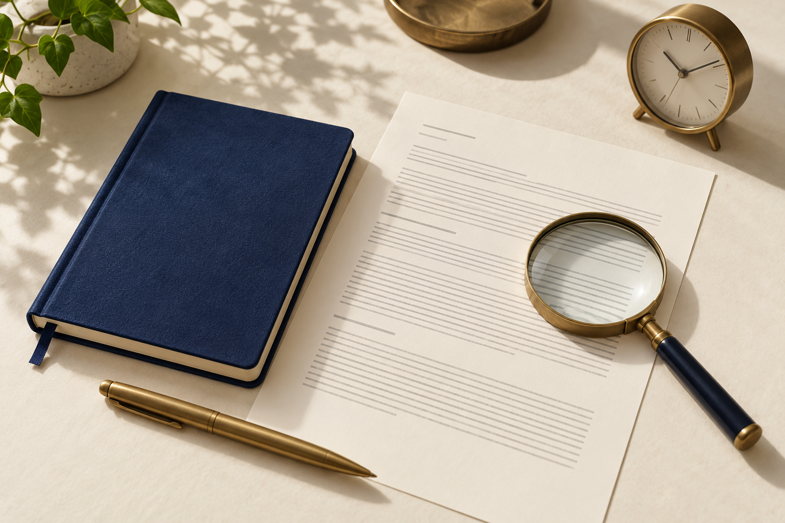 Conceptual research illustration with a notebook, clock and magnifying glass over abstract fine print